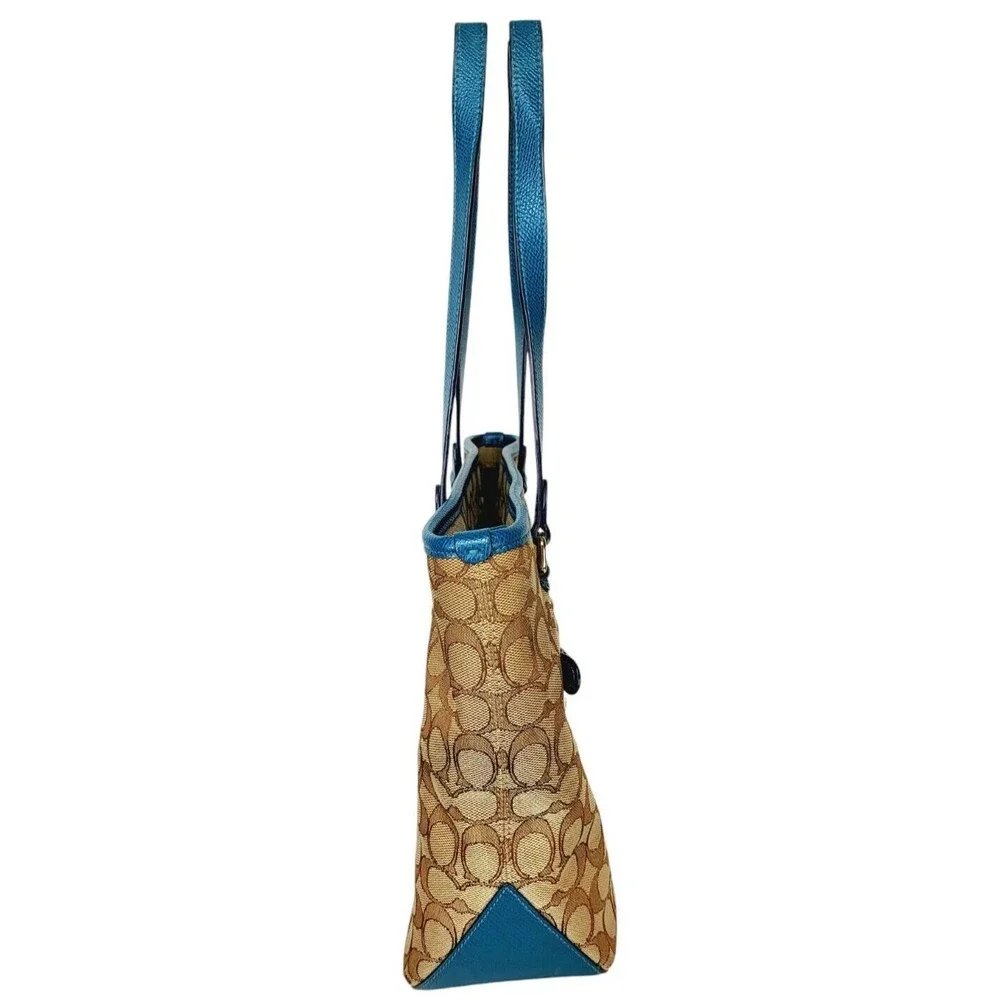 Coach Khaki Canvas Blue Leather Monogram Signature Tote Shoulder Bag Purse